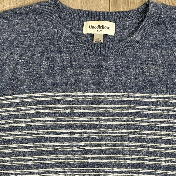 Men’s Goodfellow Large 42 - 44 Crew Sweater Stripes Blue White Long Sleeve NWOT - Picture 5 of 8